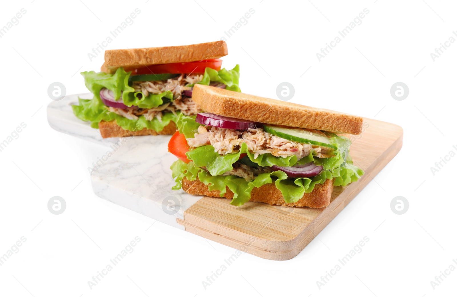 Photo of Delicious sandwiches with tuna and vegetables on white background