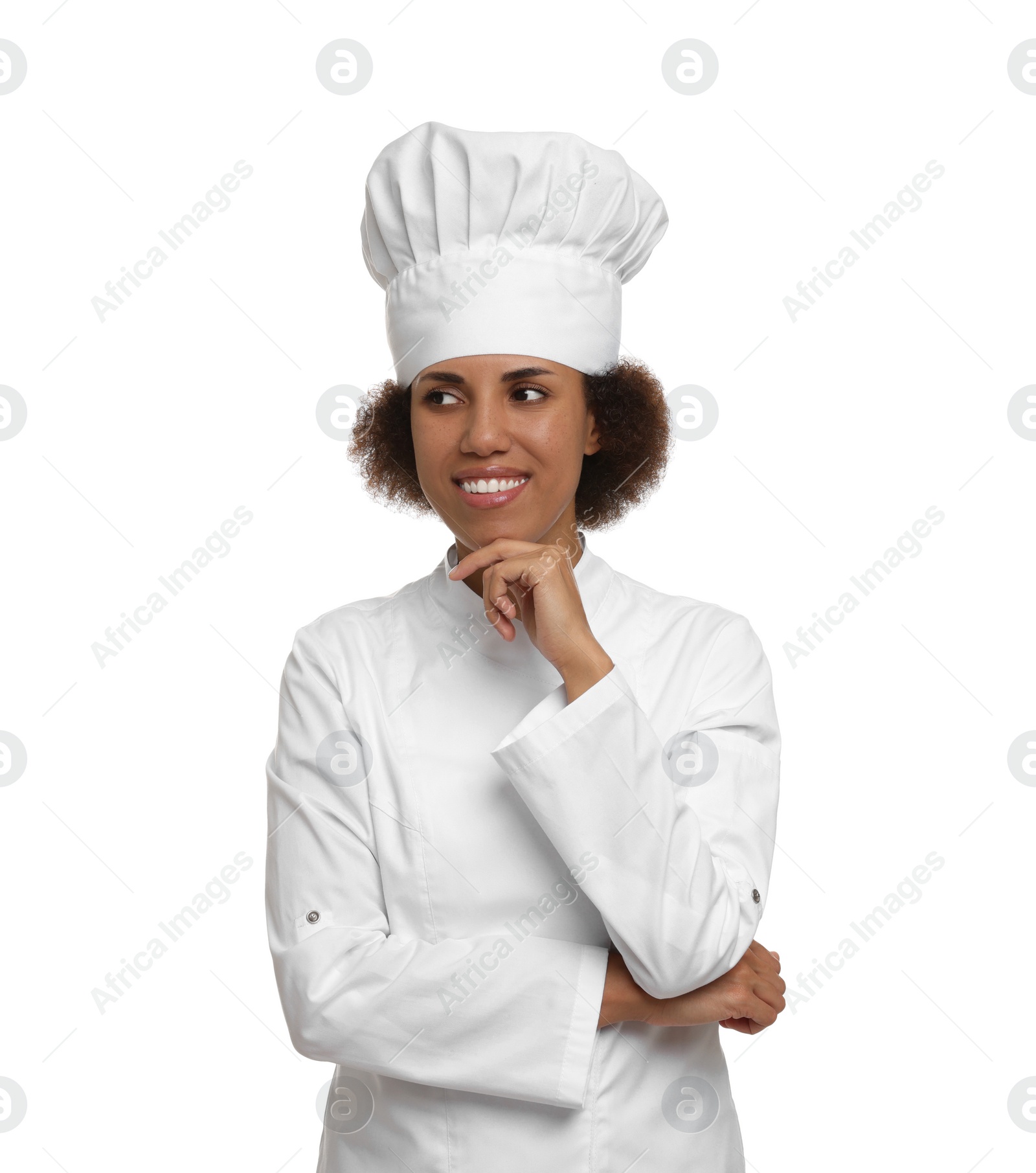 Photo of Portrait of happy female chef in uniform on white background