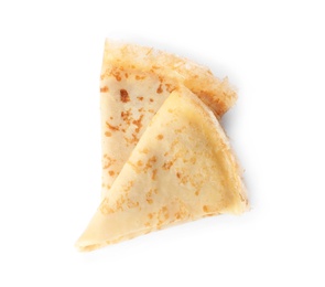 Photo of Tasty thin folded pancakes on white background, top view