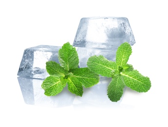 Image of Ice cubes and green mint leaves on white background