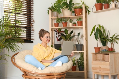 Young woman using laptop in room with different home plants