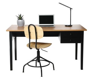 Photo of Stylish workplace with wooden desk and comfortable chair on white background