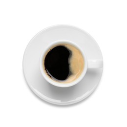 Cup of black aromatic coffee on white background, top view