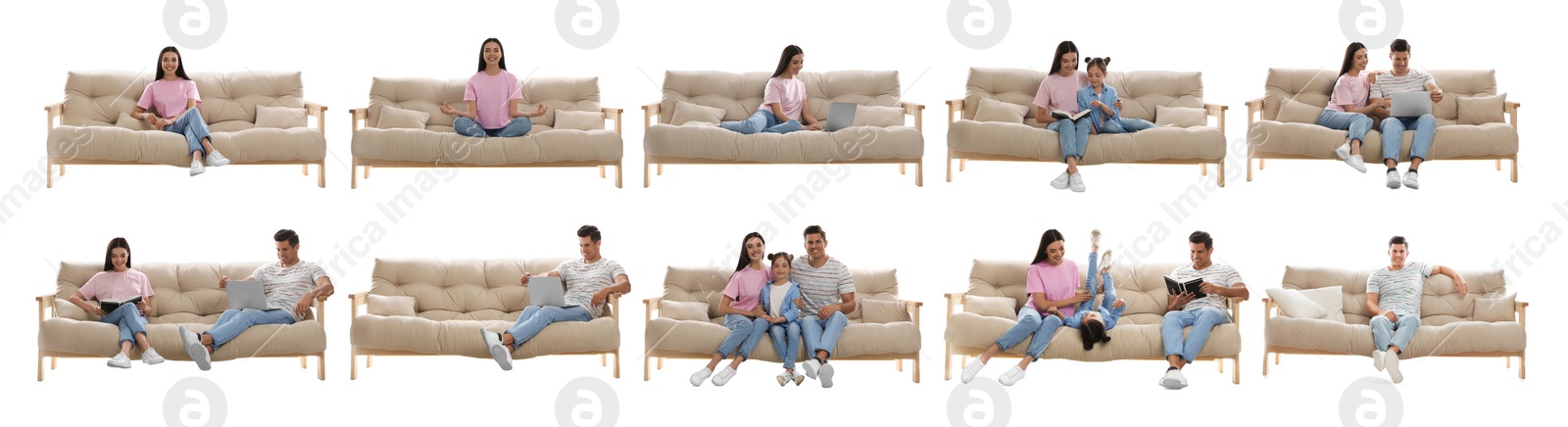 Image of Collage with photos of people sitting on stylish sofas against white background. Banner design