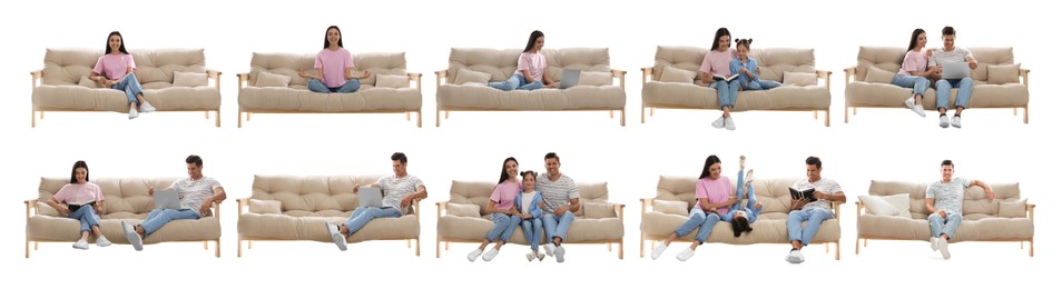 Image of Collage with photos of people sitting on stylish sofas against white background. Banner design