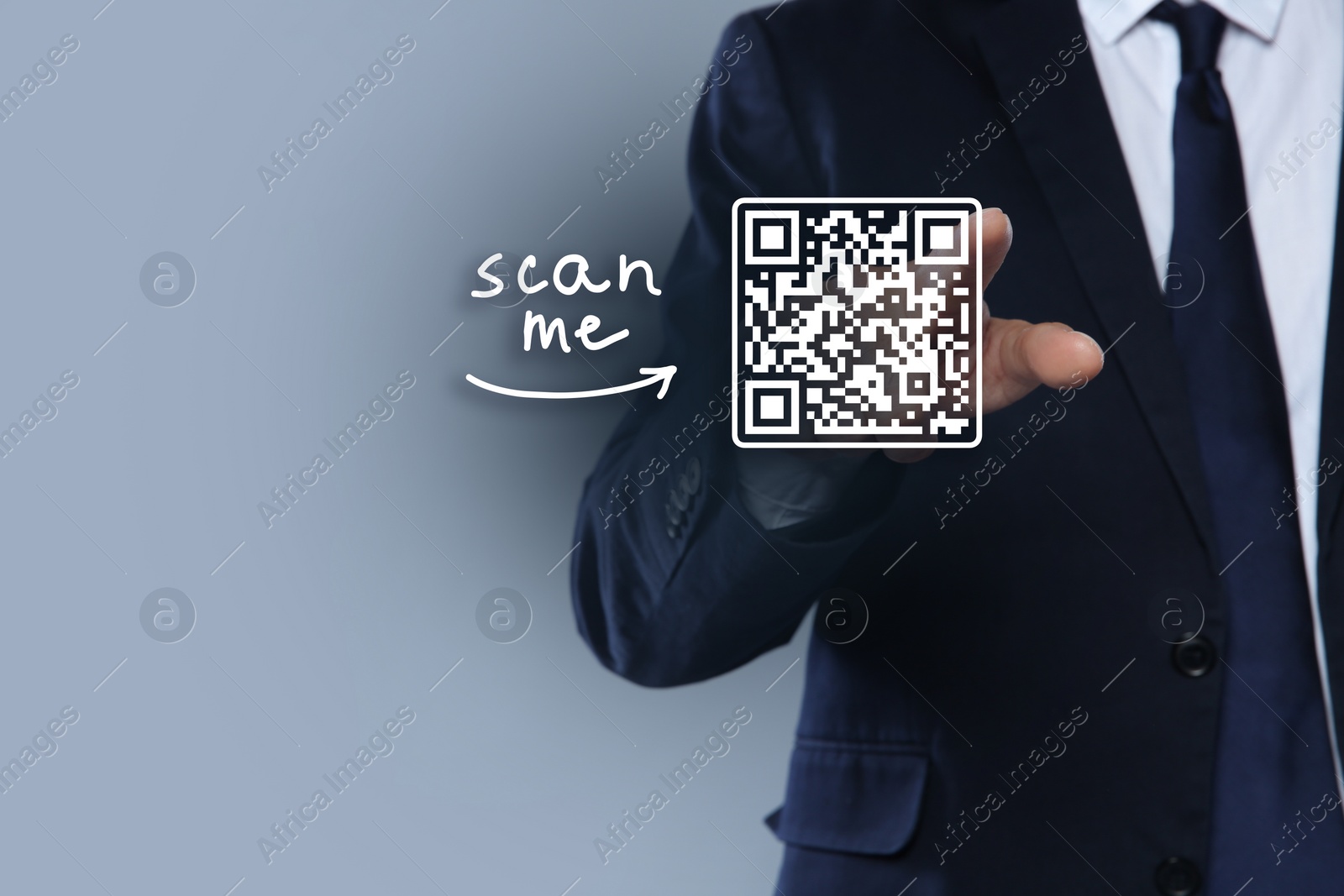 Image of Man pointing at illustration of QR code on light grey background, closeup