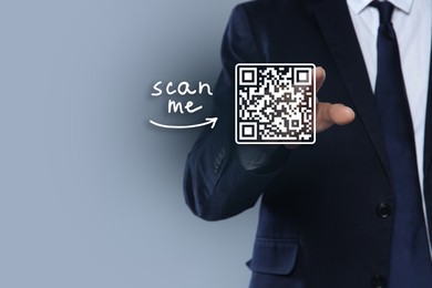 Image of Man pointing at illustration of QR code on light grey background, closeup