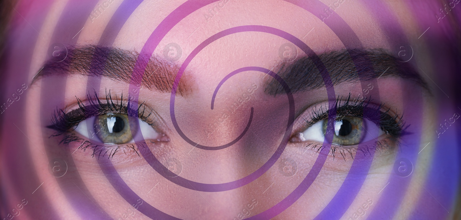 Image of Hypnosis and therapy. Swirl over young woman's face, closeup. Collage design