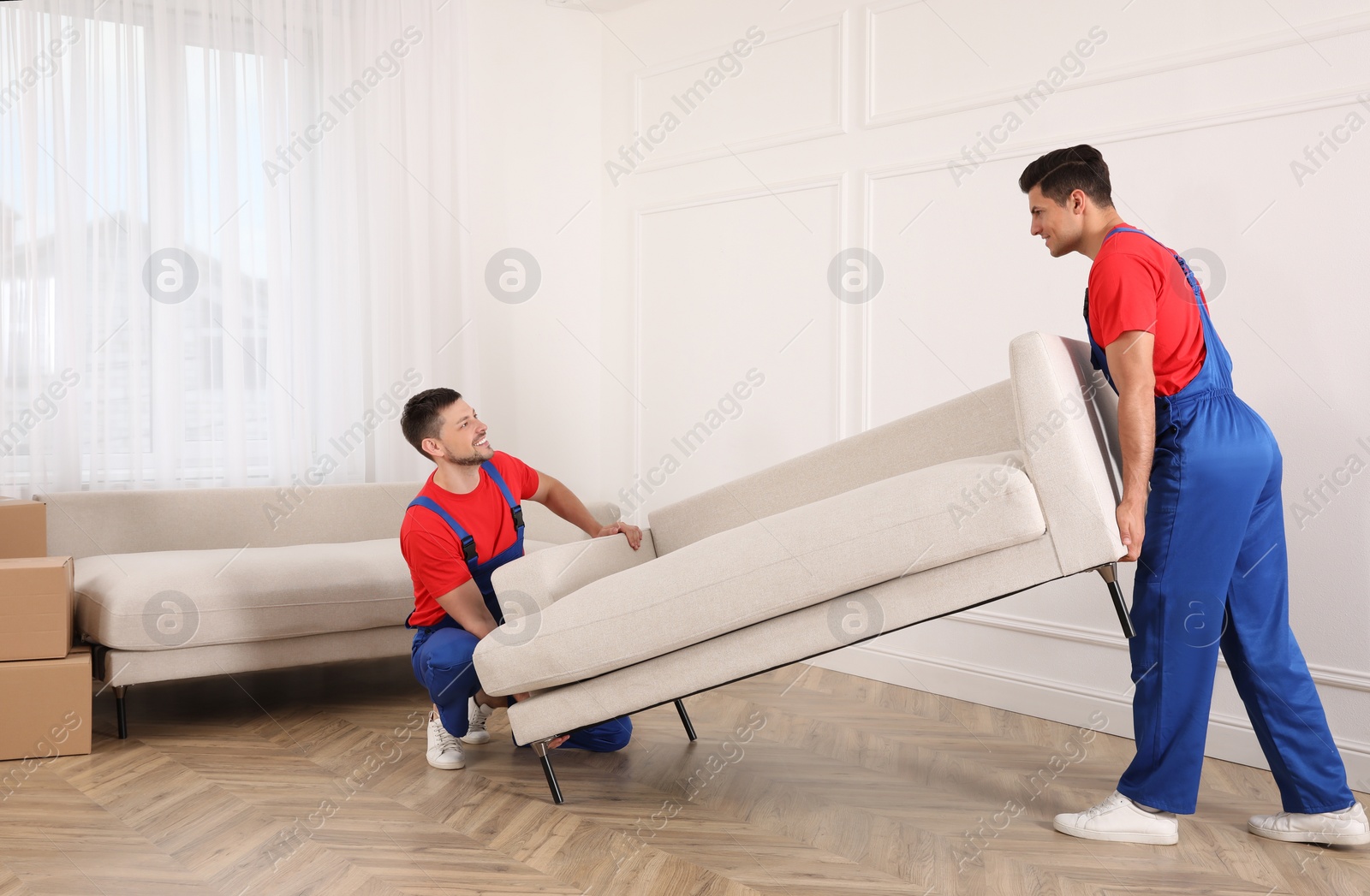 Photo of Professional movers carrying sofa in new house