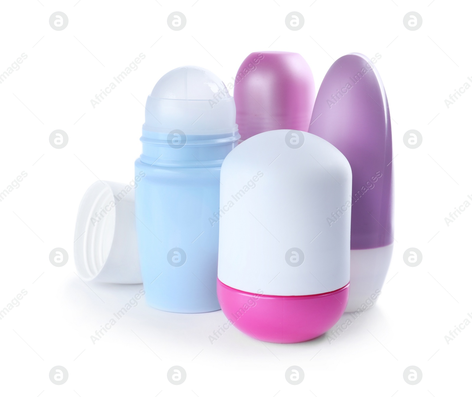 Photo of Different natural female deodorants on white background. Skin care