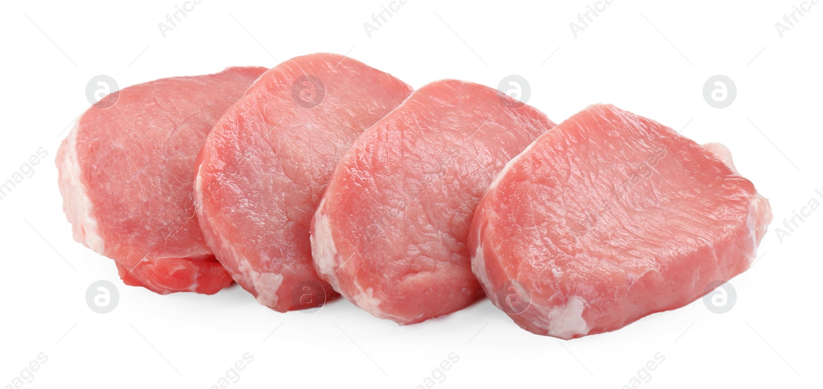 Photo of Pieces of raw pork meat isolated on white