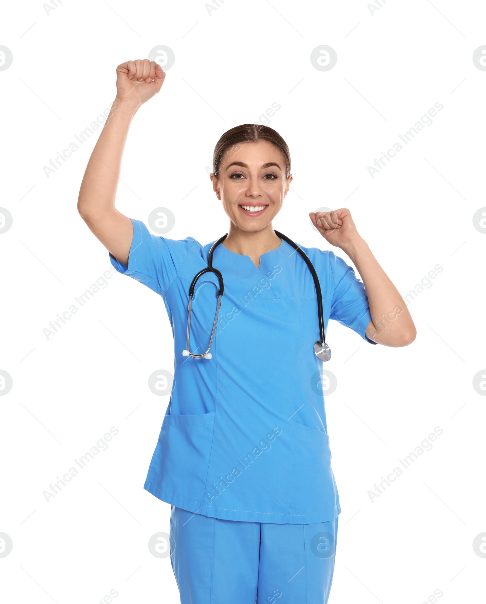 Photo of Portrait of emotional medical doctor with stethoscope isolated on white