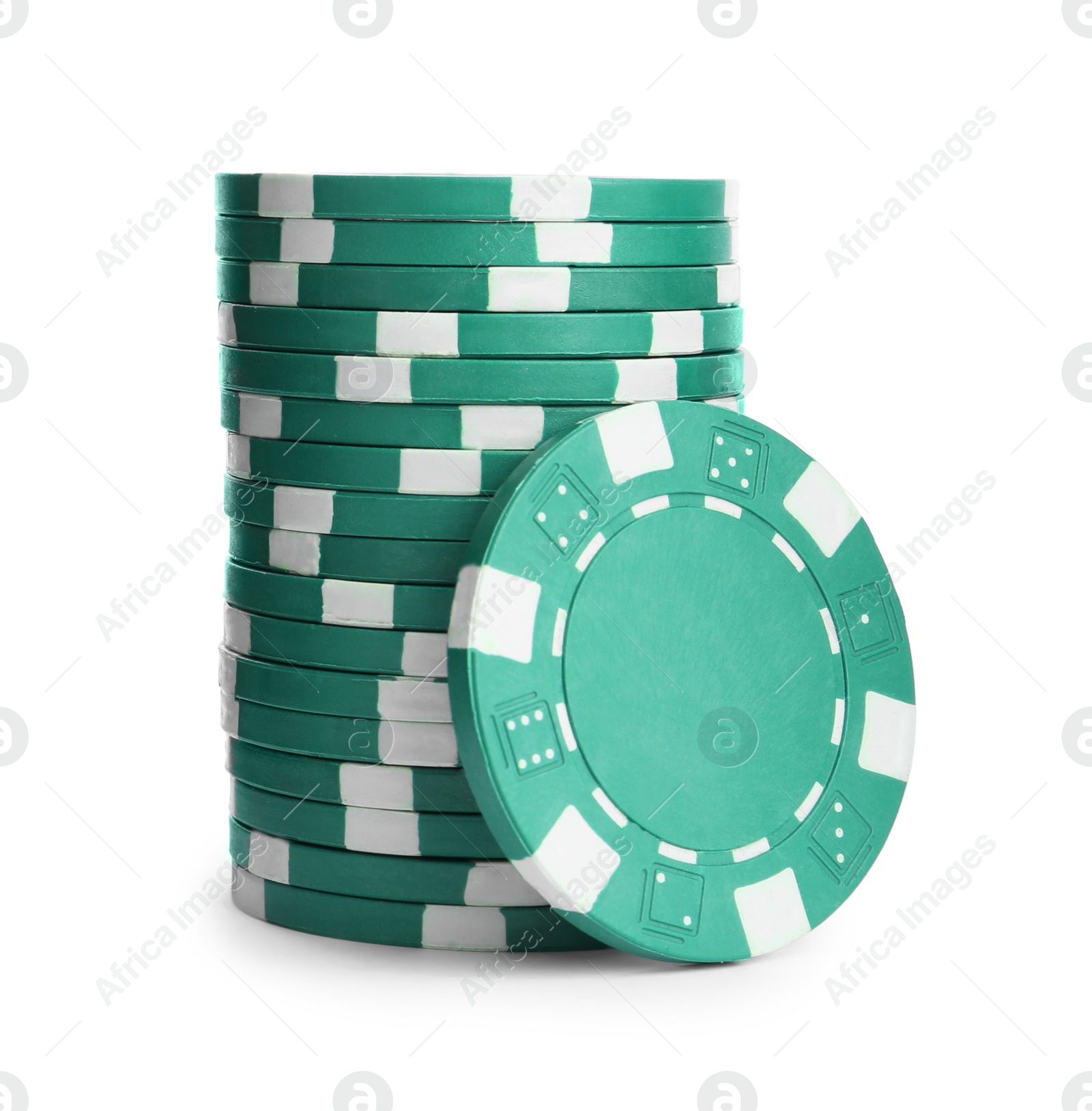 Photo of Green casino chips stacked on white background. Poker game