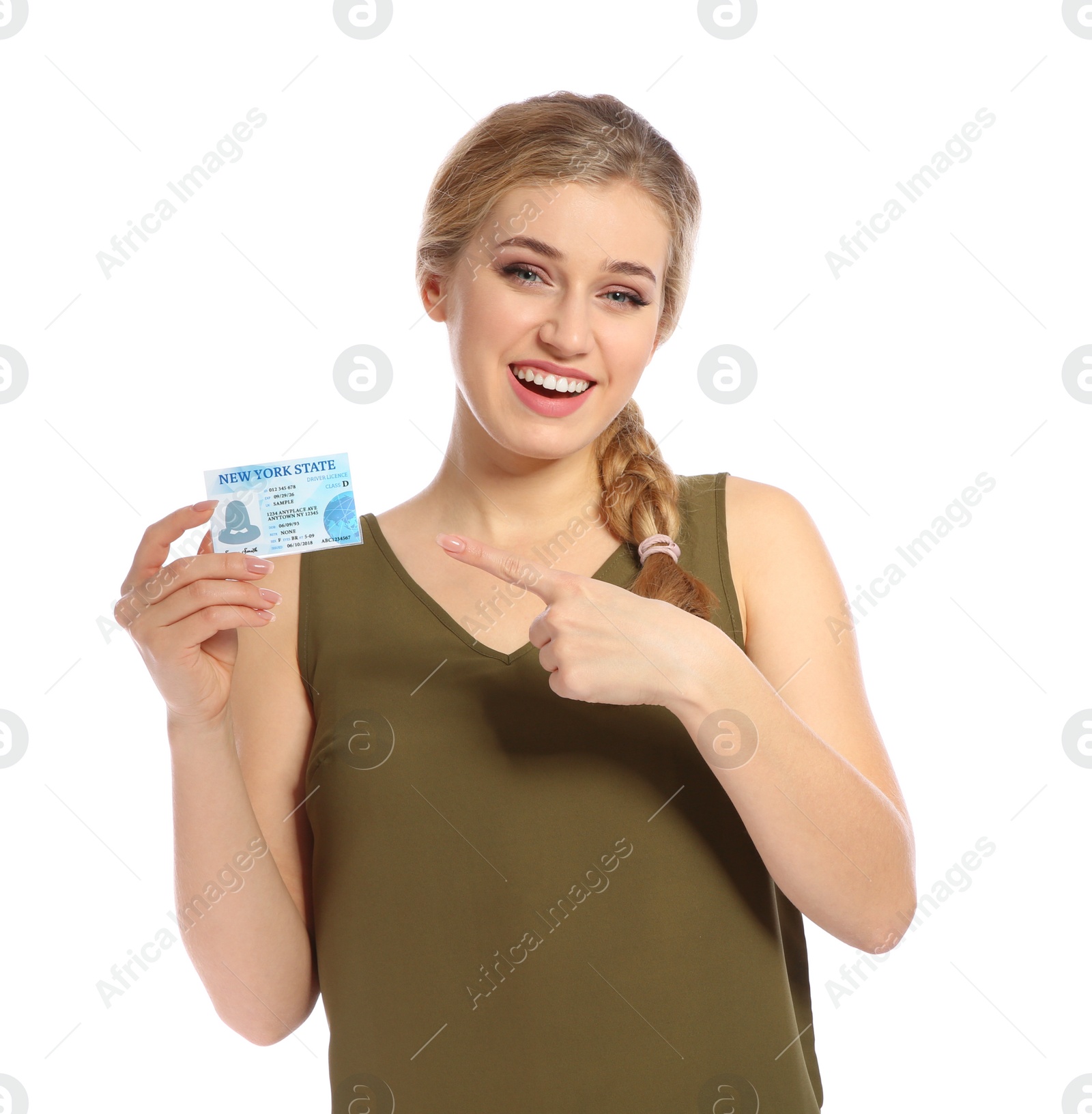 Photo of Happy young woman with driving license on white background