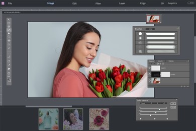 Image of Professional photo editor application.  woman with red tulips