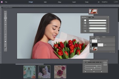 Professional photo editor application. Image of woman with red tulips