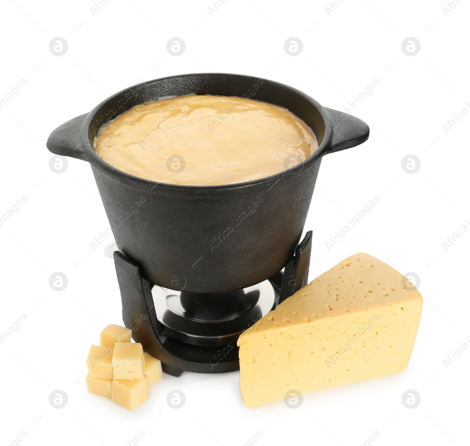Photo of Fondue with tasty melted cheese and pieces isolated on white