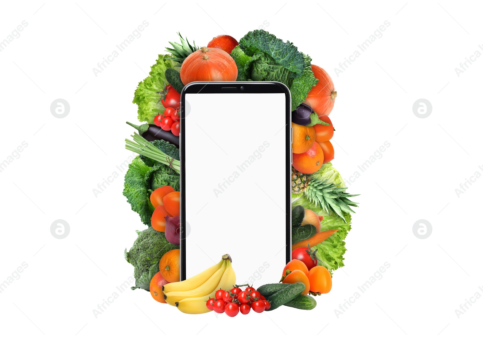 Image of Internet shopping. Smartphone surrounded by fruits and vegetables on white background