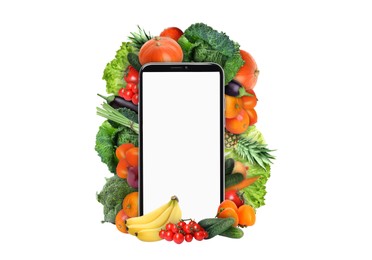 Image of Internet shopping. Smartphone surrounded by fruits and vegetables on white background