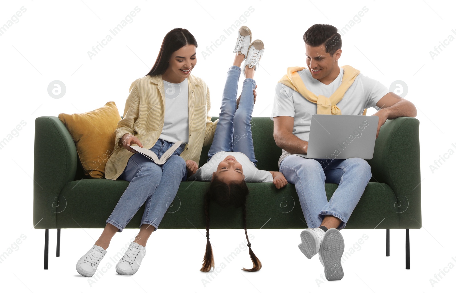 Photo of Happy family resting on comfortable green sofa against white background