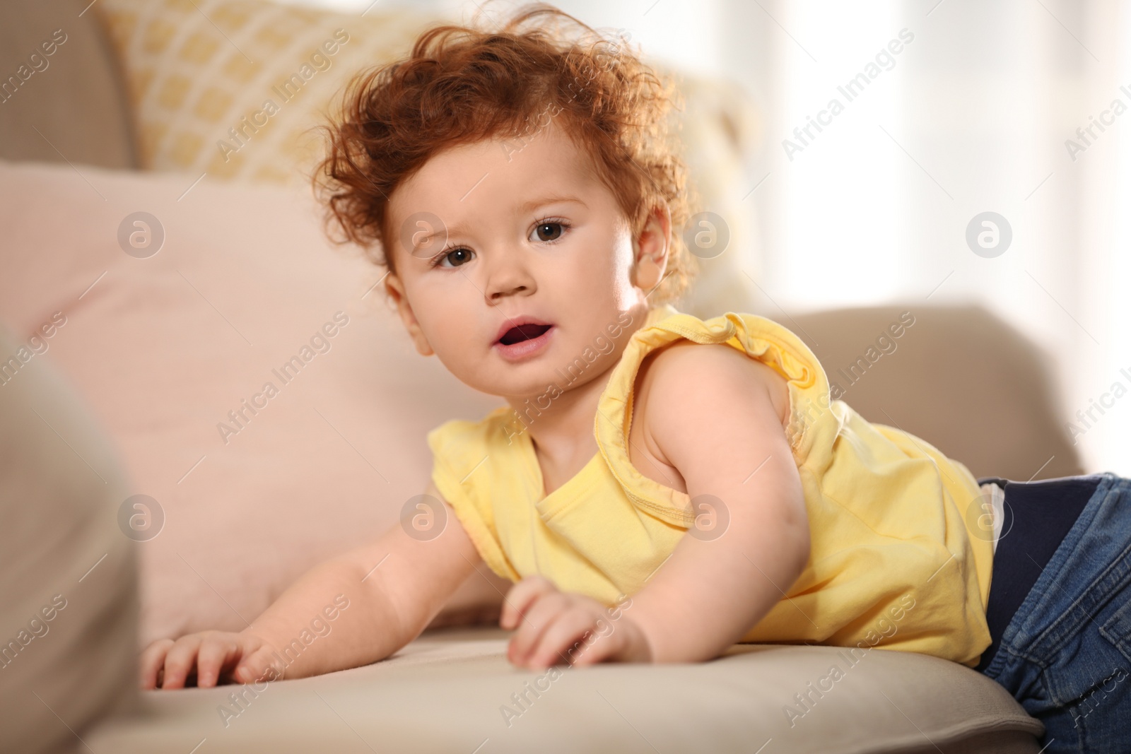 Photo of Portrait of cute little child on sofa at home