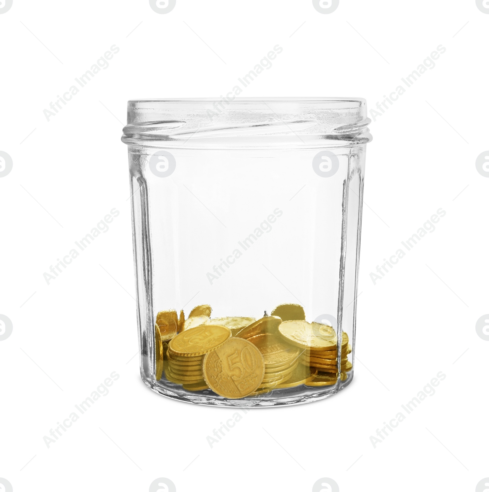 Photo of Glass jar with coins isolated on white