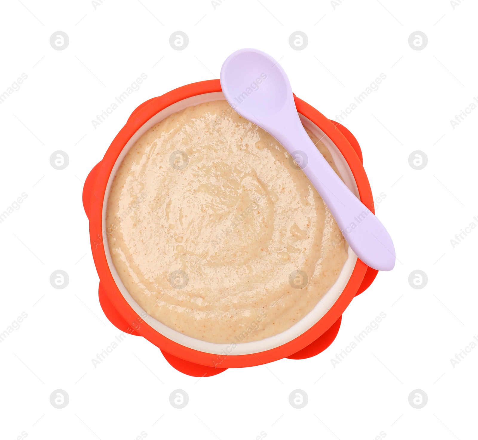 Photo of Tasty baby food in bowl and spoon isolated on white, top view