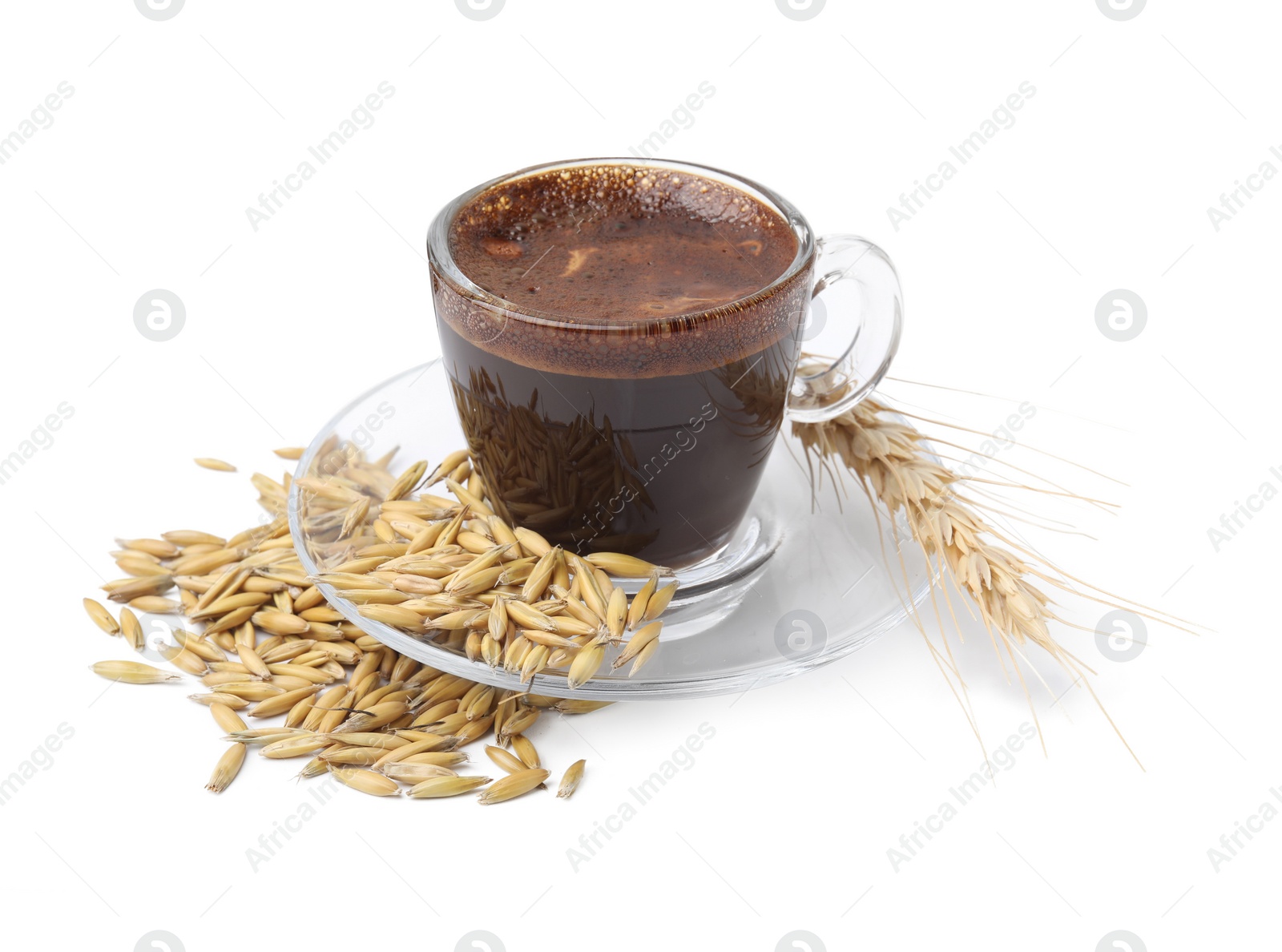 Photo of Cup of barley coffee, grains and spike isolated on white