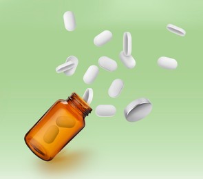 Image of Vitamin pills flying out from bottle on green background