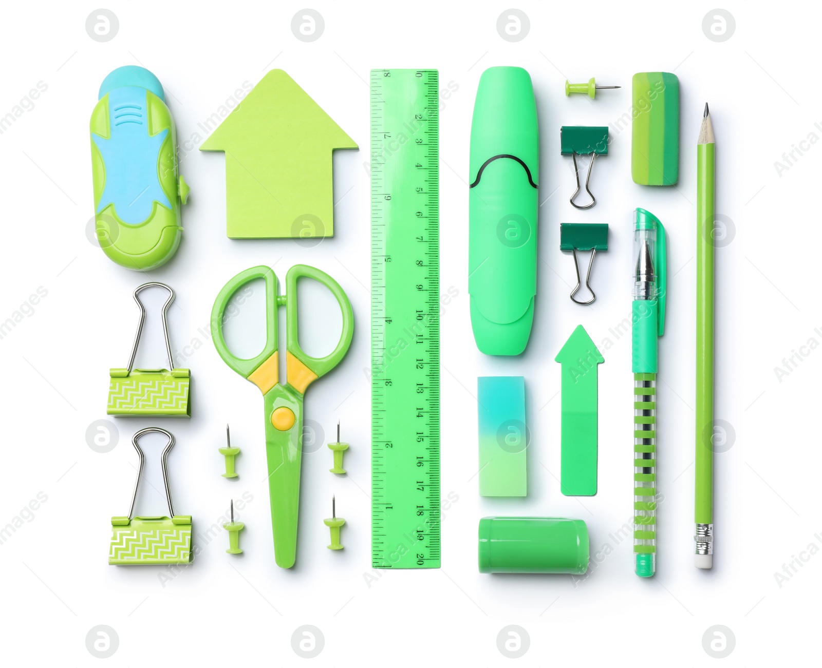 Photo of Composition with different school stationery on white background