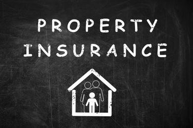 Image of Text Property Insurance and drawing of house with family on chalkboard