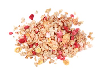 Photo of Pile of granola on white background, top view. Healthy snack