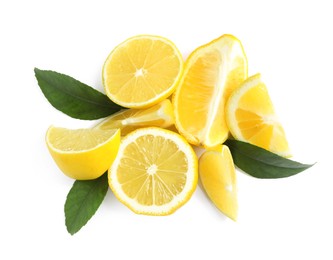 Photo of Fresh ripe lemons with leaves on white background, top view