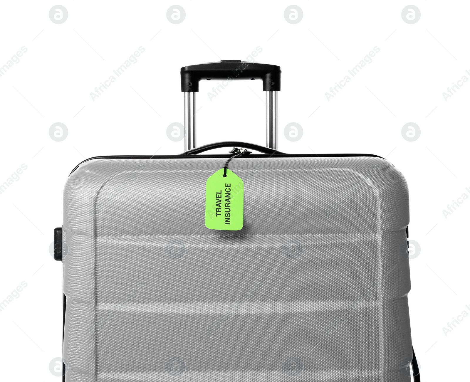 Photo of Grey suitcase with TRAVEL INSURANCE label on white background