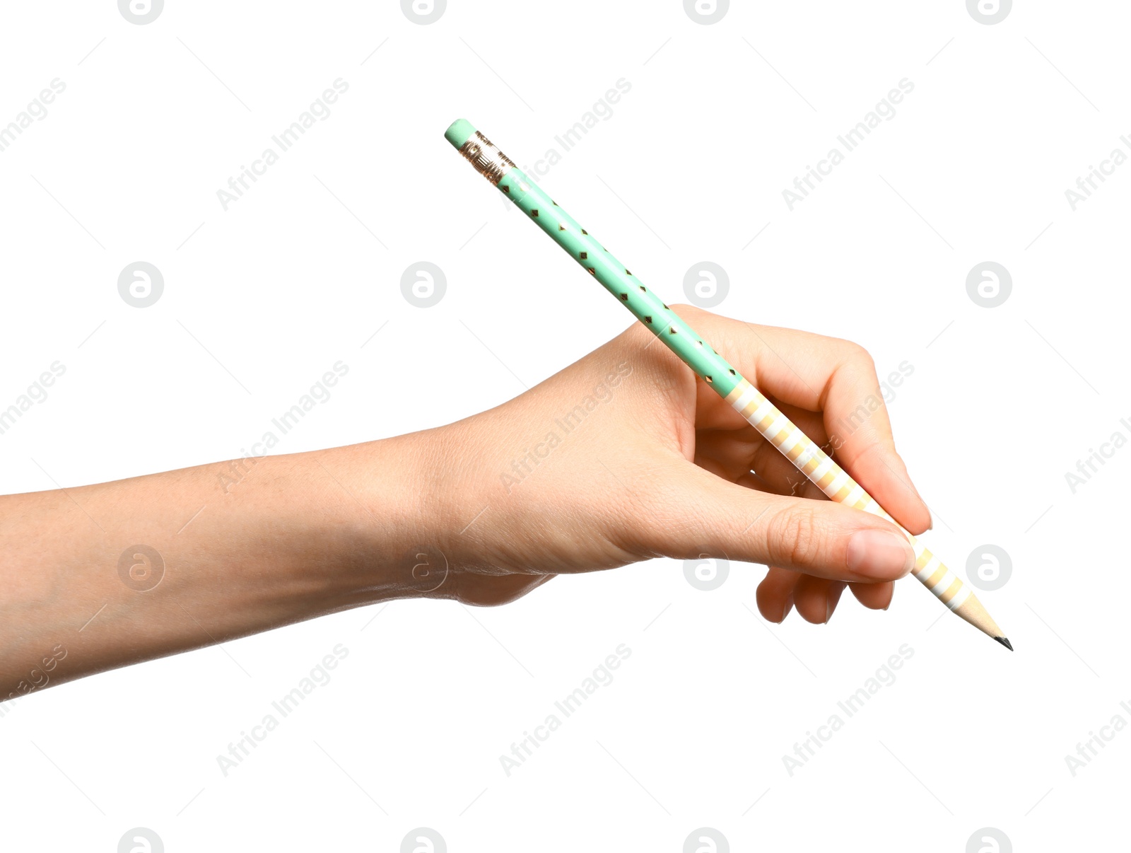 Photo of Young woman holding pencil on white background, closeup