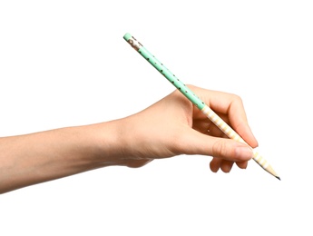 Photo of Young woman holding pencil on white background, closeup