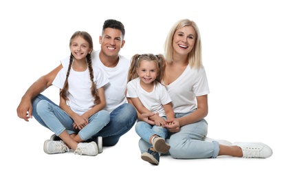 Photo of Portrait of happy family on white background