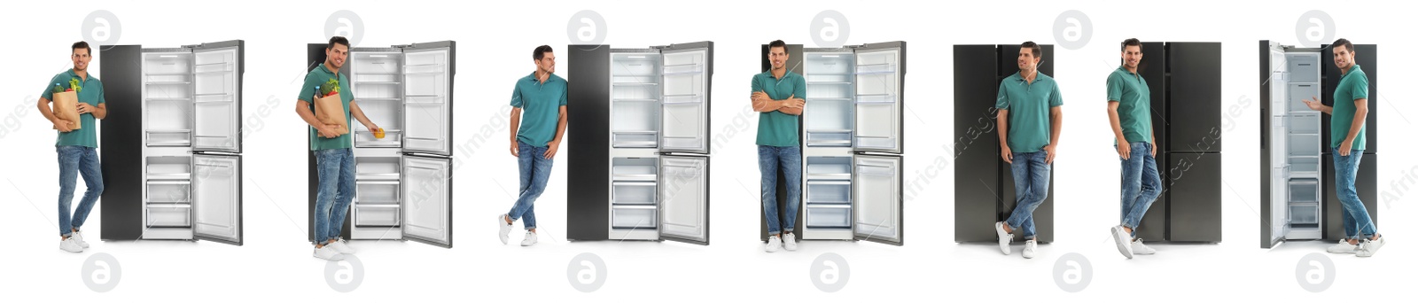 Image of Collage of man with bag of groceries near open empty refrigerators on white background