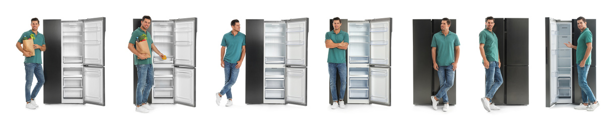 Collage of man with bag of groceries near open empty refrigerators on white background