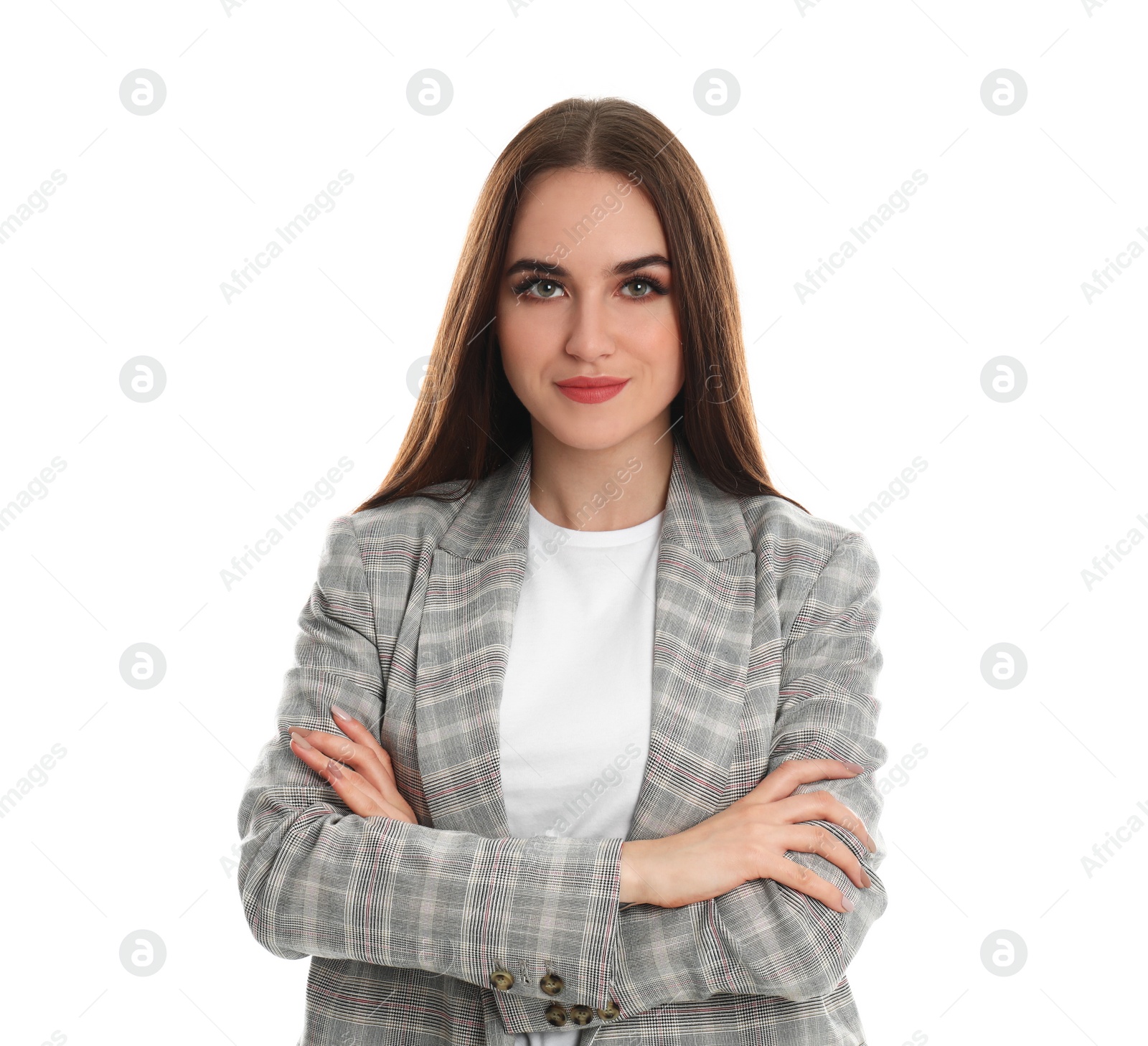 Photo of Portrait of happy businesswoman on white background