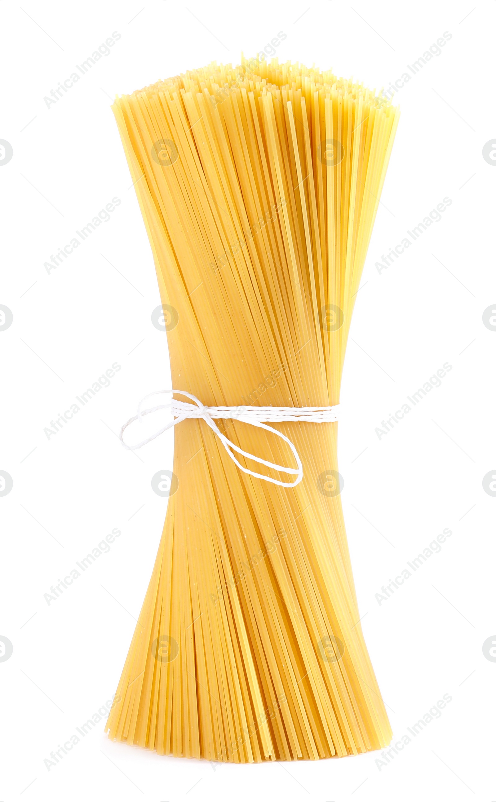 Photo of Tied uncooked Italian spaghetti isolated on white