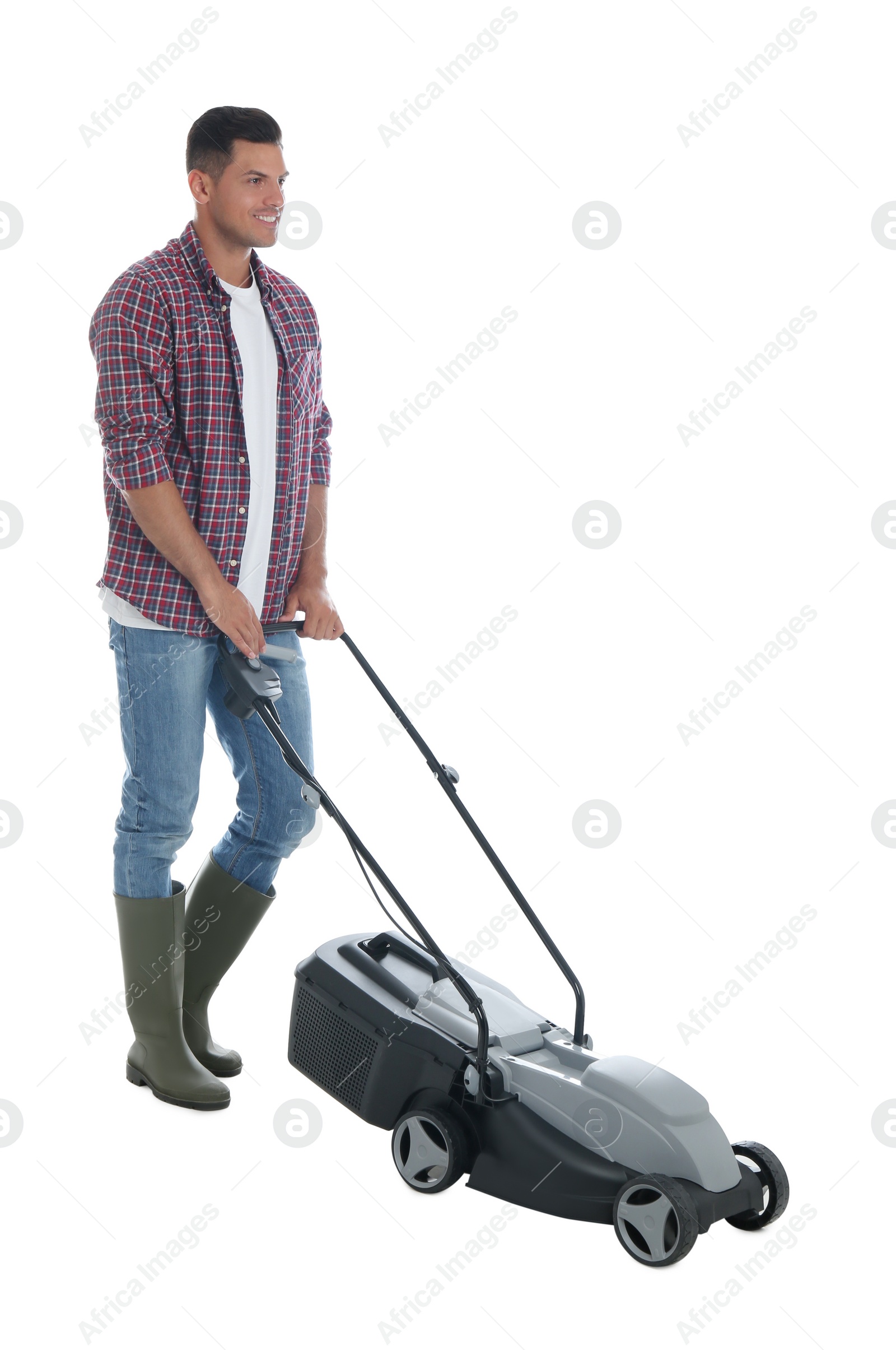 Photo of Man with modern lawn mower on white background