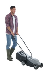 Photo of Man with modern lawn mower on white background