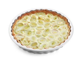 Photo of Freshly baked leek pie isolated on white