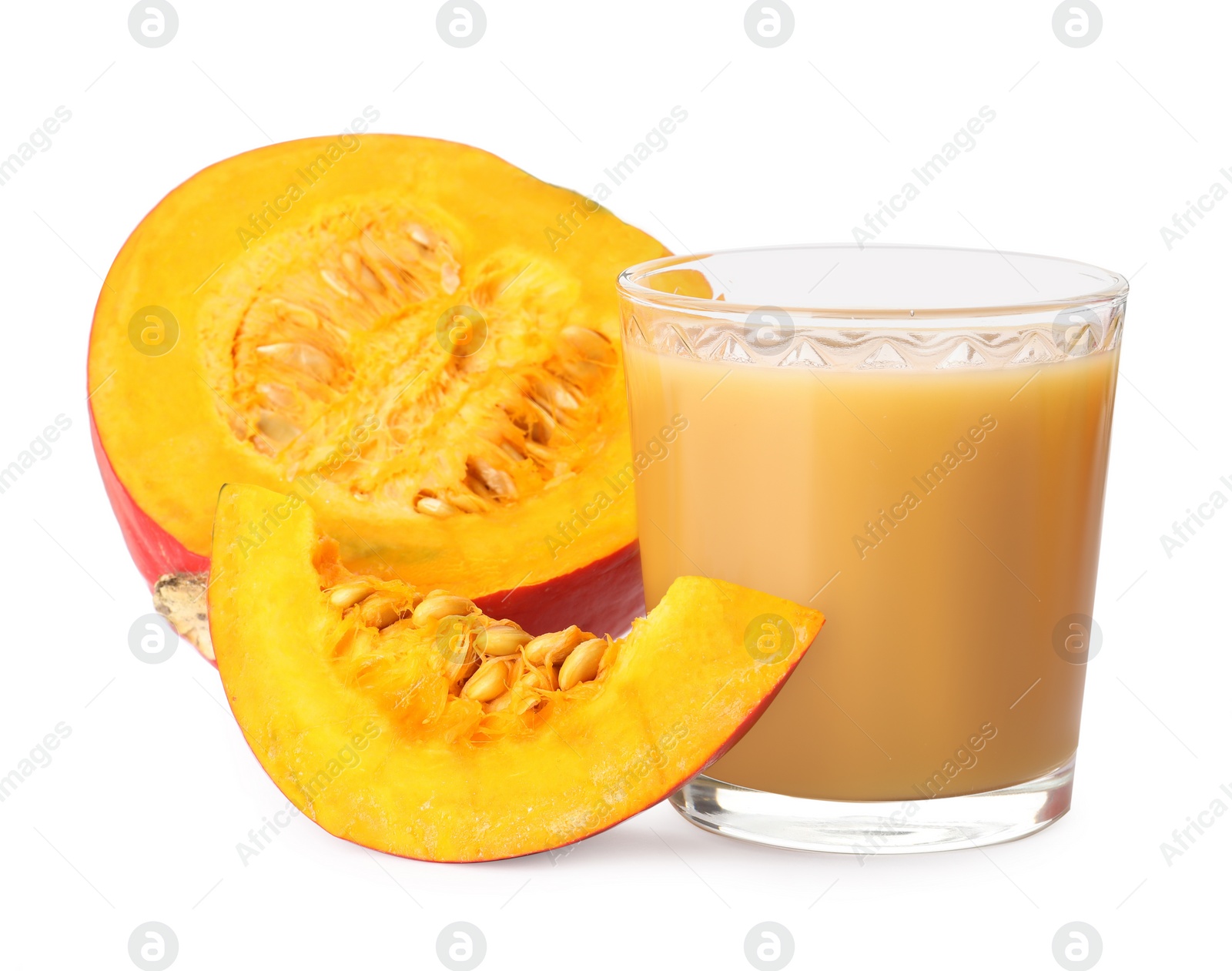 Photo of Glass with pumpkin juice and fresh vegetable on white background