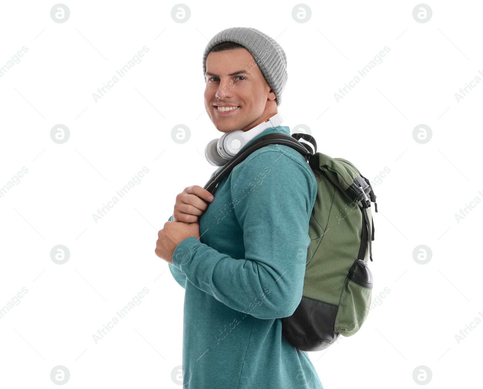 Photo of Man with backpack on white background. Autumn travel