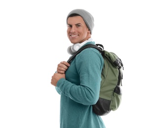 Photo of Man with backpack on white background. Autumn travel