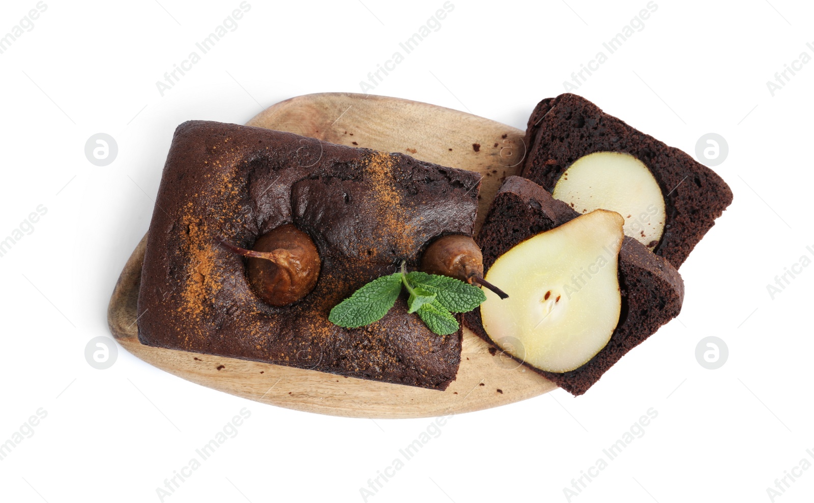 Photo of Tasty pear bread with mint on white background, top view. Homemade cake