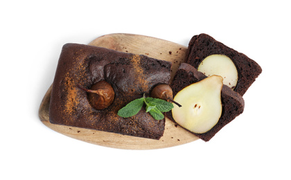 Photo of Tasty pear bread with mint on white background, top view. Homemade cake