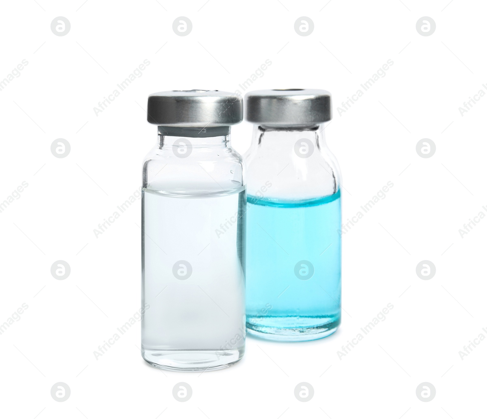 Photo of Vials with medication on white background. Vaccination and immunization